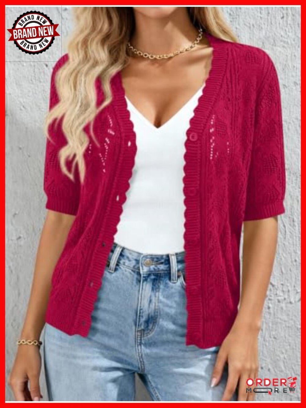 Crochet Knit V Neck Button Up Cardigan Short Sleeve Lightweight - Picture 2 of 6